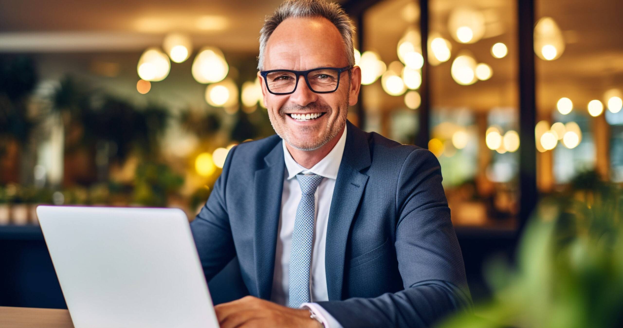 Smiling mid aged businessman ceo wearing suit sitting in office using laptop. Mature businessman professional executive. High quality photo Generative AI