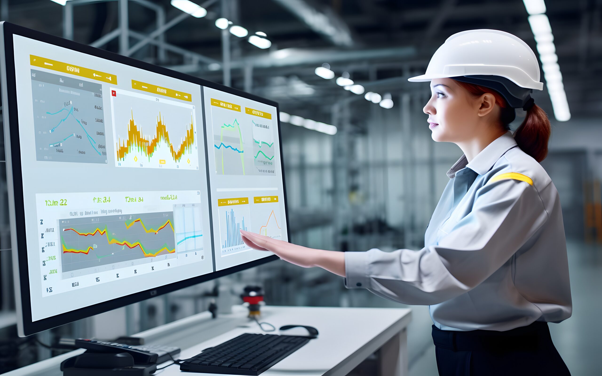 A factory worker monitoring production metrics and data on a computer screen, analyzing trends and making data-driven decisions to optimize productivity. Generative AI