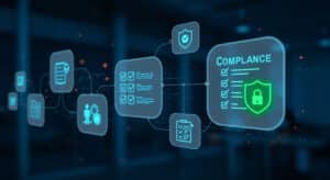 Compliance framework visualized: Checks and balances ensuring data security, policies and regulatory adherence in digital operations.